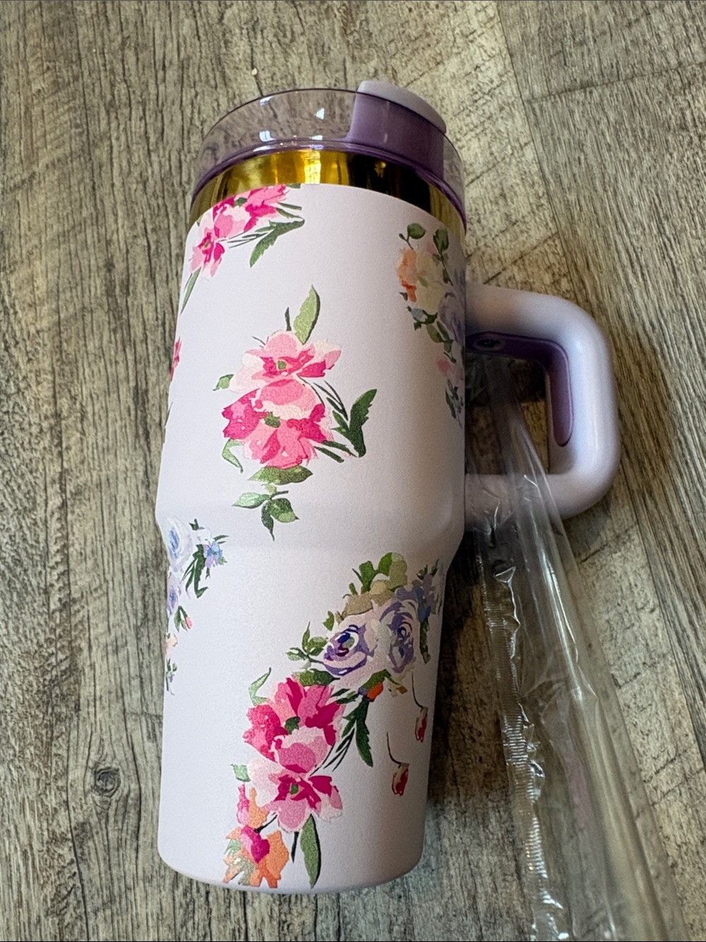 Floral Pink Insulated Travel Mug with Handle and Leak-Resistant Lid